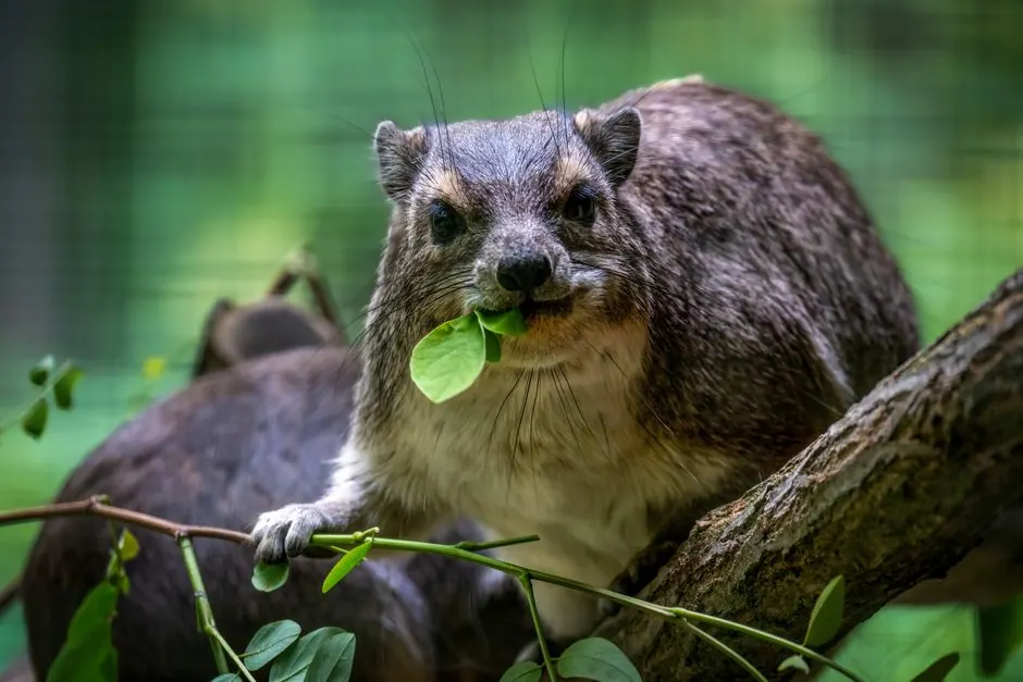 Close-up of a hyrax enjoying the sun on a rock, surrounded by greenery.
