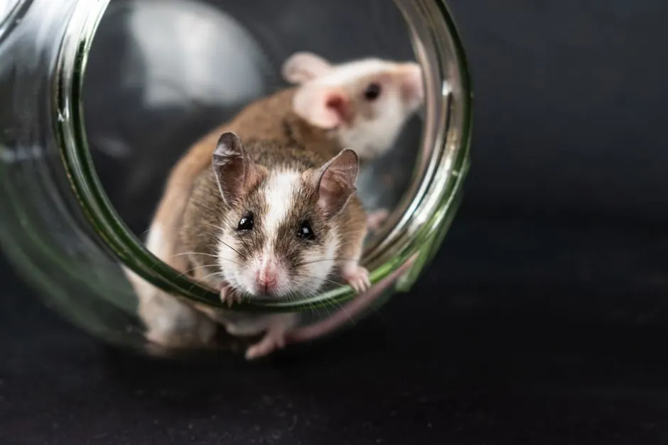 Two natal multimammate mice exploring a glass jar, capturing their curious and adorable nature.